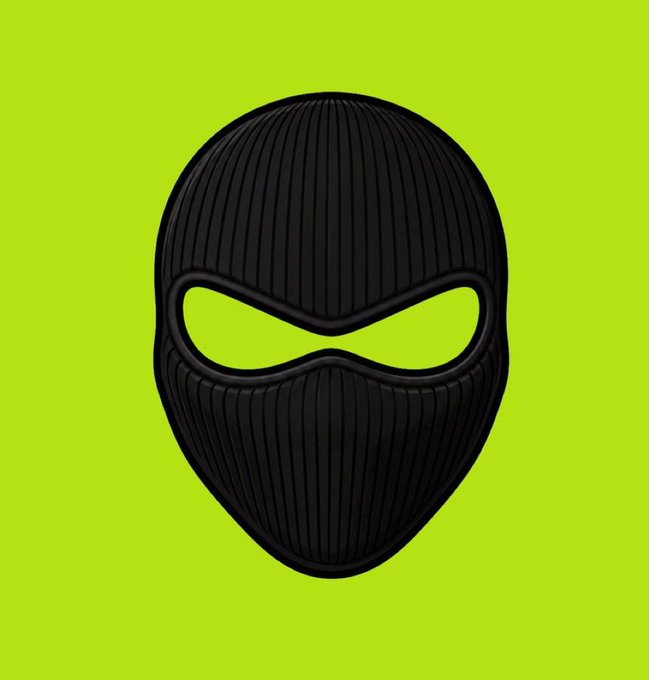 A digital illustration of a black knitted balaclava ski mask on a bright lime green background.