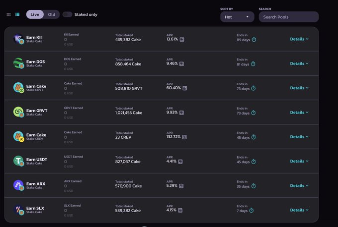 A dark-themed cryptocurrency staking platform interface listing various 'Earn' pools such as 'Earn KII,' 'Earn DOS,' and 'Earn Cake' with their respective APRs and staking durations.