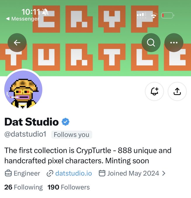 A screenshot of the Twitter/X profile for "Dat Studio" (@datstudio1), a verified engineer account with 190 followers and a bio promoting the upcoming "CrypTurtle" NFT collection of 888 unique pixel-art characters. The profile aligns with the post's "Early Alpha Call" highlighting the project's 888 supply, pixelated art style, and modest 190 follower count at the time of the call.