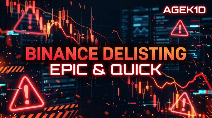 Dramatic graphic with red warning triangles and falling line graphs, featuring the bold text 'Binance delisting' and 'EPIC & QUICK' with the 'AGEK1D' logo in the corner.