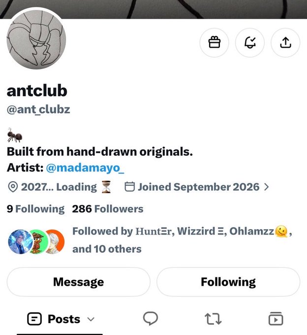 A Twitter/X profile for 'antclub' (@ant_clubz), described as 'Built from hand-drawn originals' by artist @madamayo_, with 9 Following and 286 Followers, joined September 2026.