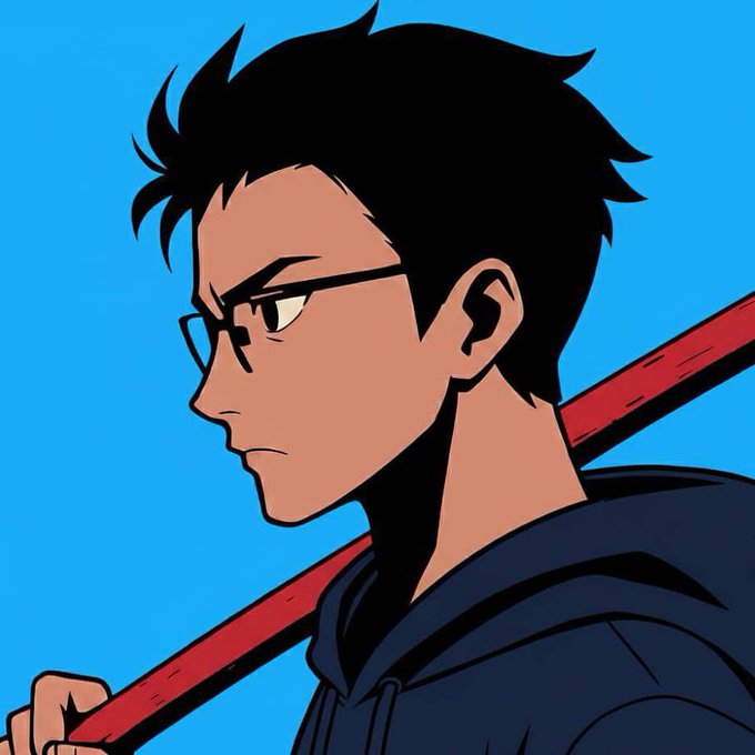 An anime-style illustration of a young man with black hair, glasses, and a serious expression, wearing a dark hoodie and carrying a red staff over his shoulder against a bright blue background.