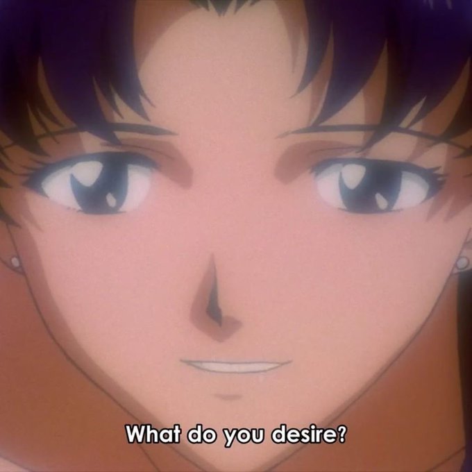 An anime character with dark purple hair looking directly at the viewer, with subtitles reading 'What do you desire?'