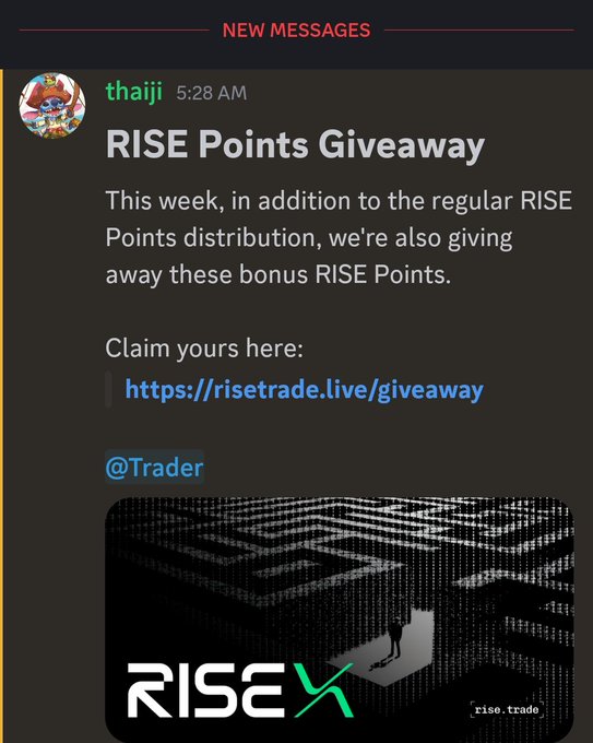 A Discord message from user "thaiji" at 5:28 AM announces a "RISE Points Giveaway," directing users to claim bonus points at risetrade.live/giveaway, accompanied by the RiseX logo. The accompanying post warns that the RiseX Discord has likely been hacked, as the giveaway link is a common phishing tactic used to steal credentials or funds.