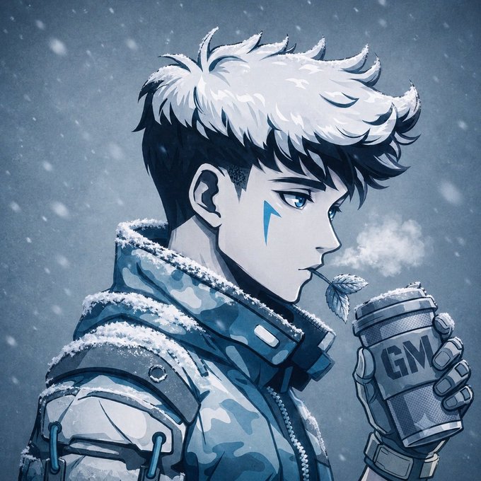 An anime-style illustration shows a young man with white hair and blue eyes wearing a winter camouflage jacket, holding a can labeled 'GM' in the snowy weather.