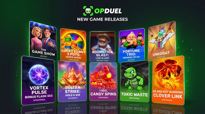 A promotional graphic titled 'OPDUEL NEW GAME RELEASES' showcasing nine game tiles including 'THE GAME SHOW', 'LUCKY PENNY 3 POTS', 'BOOMSTICK BLAST', 'FORTUNE TRIO', 'UNIGOAT', 'VORTEX PULSE', 'SULTAN STRIKE', '1 REEL CANDY SPINS', 'TOXIC WASTE', and '50 RED HOT BURNING CLOVER LINK'.