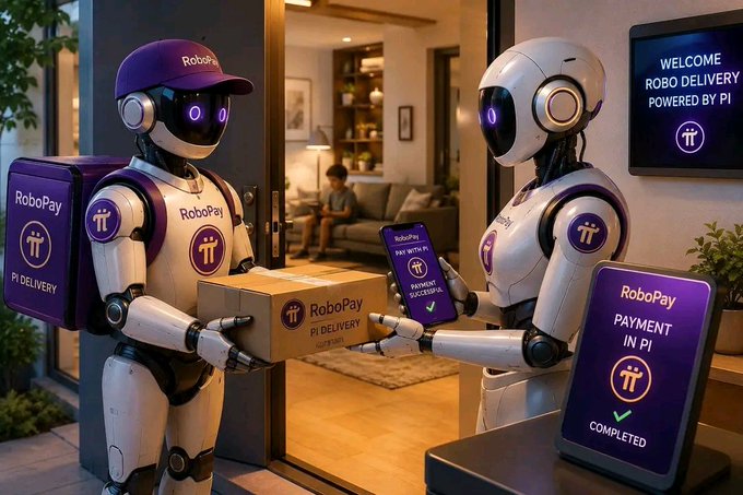Two humanoid robots in purple and white "RoboPay" uniforms interact at a delivery doorway—one handing over a "RoboPay Pi Delivery" package while the other displays a smartphone showing "Payment Successful" on a Pi-based transaction, with a nearby screen reading "WELCOME ROBO DELIVERY POWERED BY Pi" and "PAYMENT IN Pi COMPLETED." The scene visually embodies the post's message about AI-driven, autonomous commerce powered by PiNetwork, depicting a fully machine-to-machine economy where robots can deliver goods and complete secure crypto payments without human involvement.