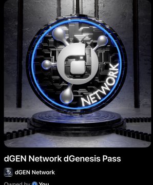 The image displays a metallic 3D logo for "dGEN Network" featuring a stylized "G" with molecular nodes, mounted on a futuristic pedestal with the text "dGEN Network dGenesis Pass" beneath it. The graphic visually reinforces the post's call to engage with the @dGenNetwork utility project, branding the dGenesis Pass as a tangible, premium asset within their ecosystem.