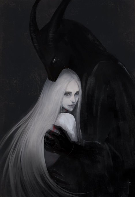 A dark fantasy digital painting of a pale woman with long white hair being embraced by a large horned black creature against a shadowy background.