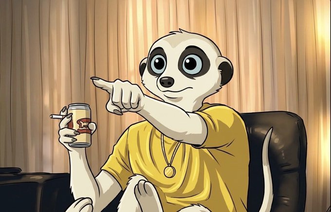 A cartoon illustration of an anthropomorphic meerkat wearing a yellow t-shirt and gold chain, holding a beer can with a fish logo in one hand while pointing forward with the other.
