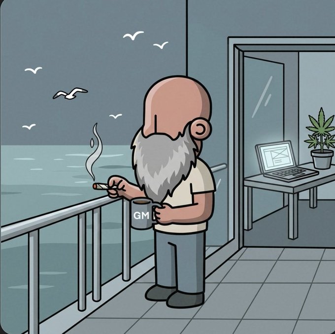 A cartoon illustration shows a bearded, bald man holding a mug labeled 'GM' while smoking a cigarette on a balcony overlooking the sea with seagulls flying by.