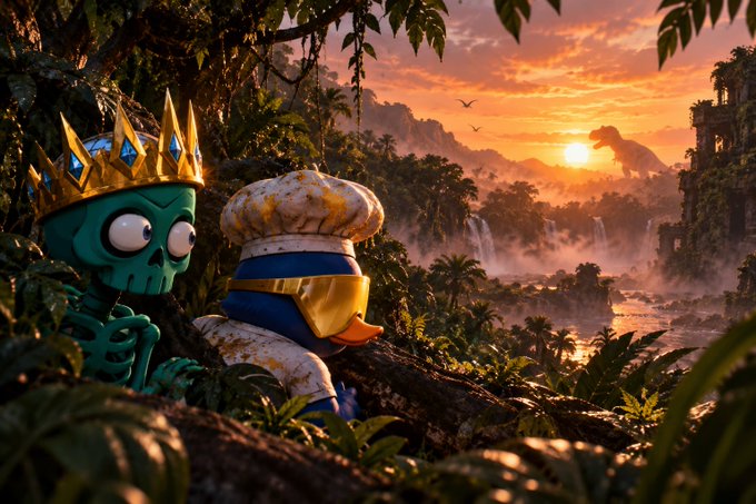 A 3D rendered scene shows a duck character wearing a chef's hat and gold goggles next to a green skeleton wearing a jeweled crown, overlooking a lush jungle valley at sunset.