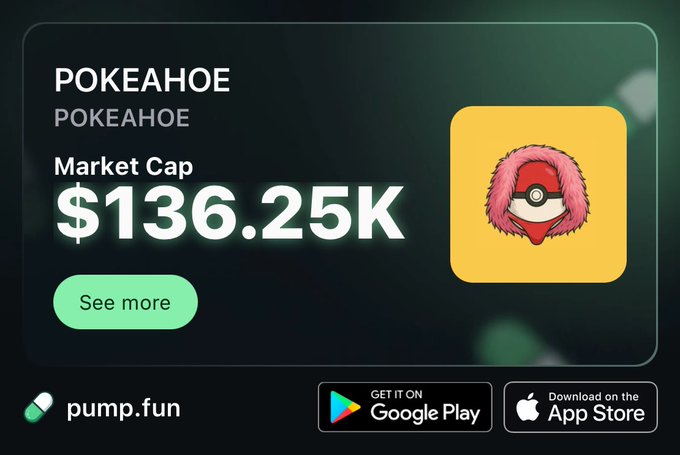 A pump.fun token page displays "POKEAHOE" with a market cap of $136.25K and an icon of a pink Pokéball character.