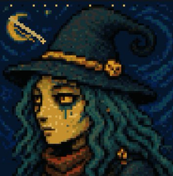 A pixel art portrait of a pale-skinned witch with long blue-green hair, wearing a dark pointed hat adorned with a skull, and a single visible orange eye with a dark hollow beneath it, set against a starry night sky with a crescent moon.