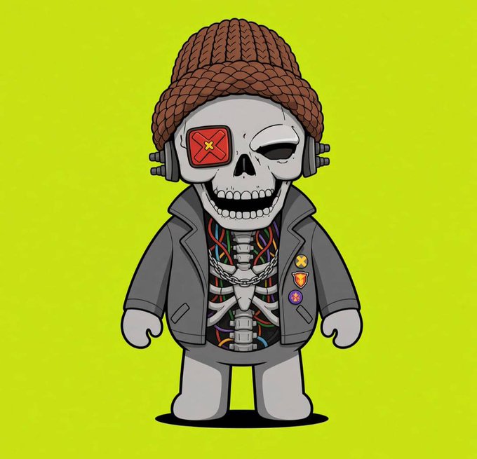 A cartoon-style skeleton character with a cybernetic red eye and exposed wiring stands against a bright yellow background, wearing a brown beanie, headphones, and a dark jacket adorned with pins.