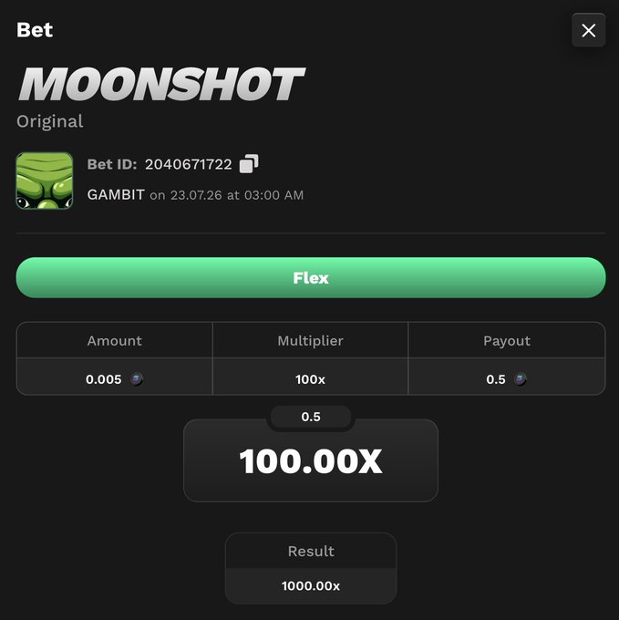 A screenshot of a "MOONSHOT" bet by user GAMBIT (Bet ID: 2040671722) showing a Flex bet of 0.005 with a 100x multiplier, which cashed out at 0.5 right before the result hit 1000.00x—highlighting the painful near-miss referenced in the caption about someone fading a 1,000x moonshot.