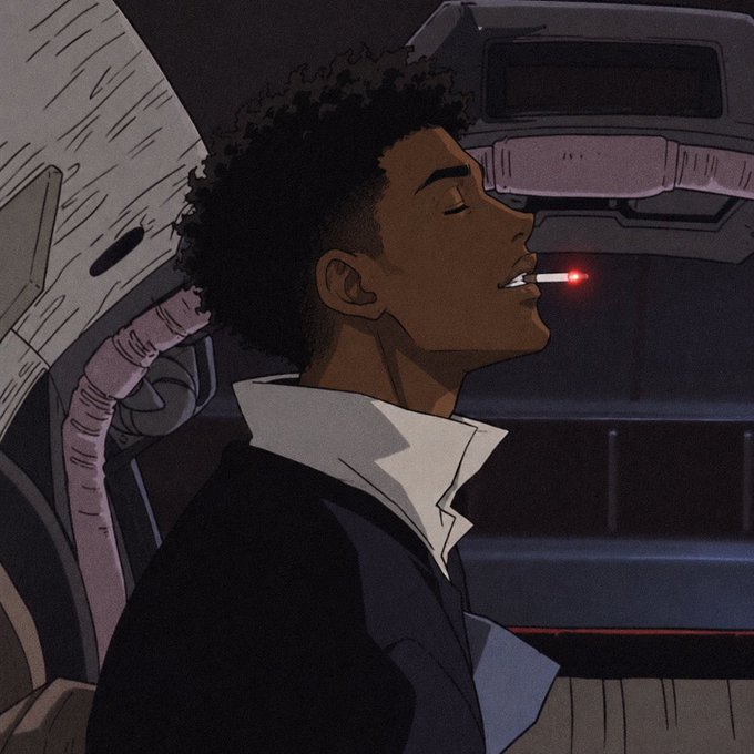 A digital illustration of a young man with curly hair exhaling smoke from a cigarette while leaning back in a vehicle seat.
