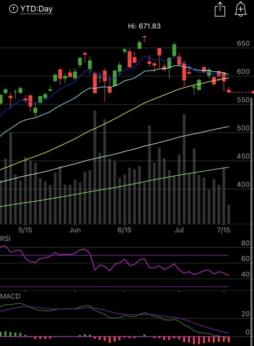 A year-to-date (YTD) daily candlestick chart shows the price peaking at a high of 671.83 before declining, with recent candles trading around the 550 level, forming lower highs below the 50-day moving average. The RSI is trending downward toward 40 and the MACD is bearish, confirming the loss of momentum and validating the poster's observation of technical weakness.