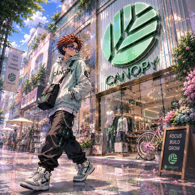An anime-style illustration of a character wearing a "CANOPY" hoodie and carrying a bag, standing on a wet street in front of a stylish "CANOPY" storefront with a "FOCUS BUILD GROW" chalkboard sign.