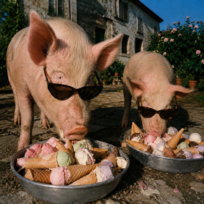 Photograph of two pink pigs wearing sunglasses and eating scoops of ice cream with cones from large metal bowls, set against a rustic stone building with rose bushes.