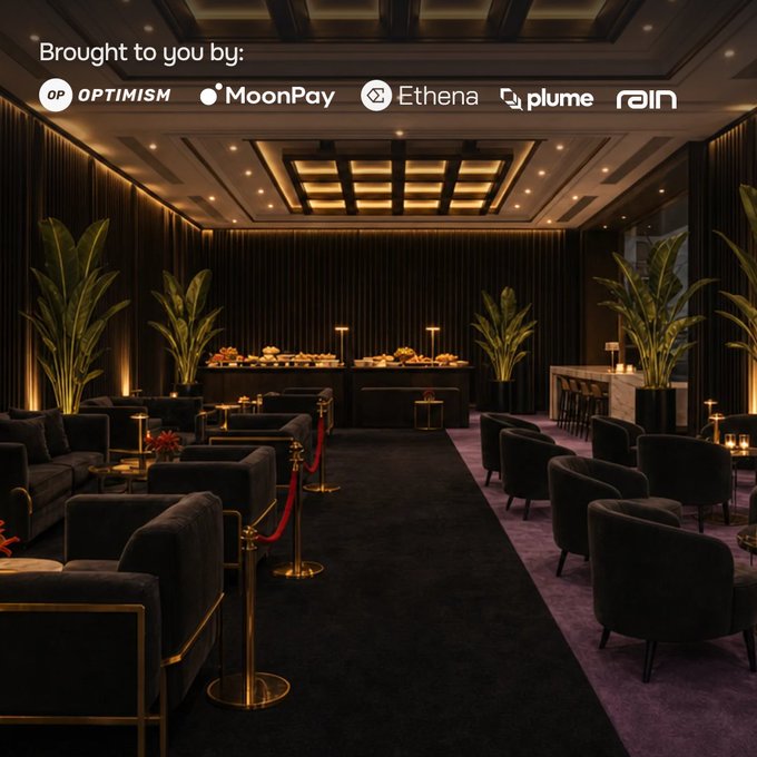 An elegant lounge area with dark velvet seating and gold accents is branded with sponsor logos including 'OPTIMISM', 'MoonPay', 'Ethena', 'plume', and 'rain', under the text 'Brought to you by:'.