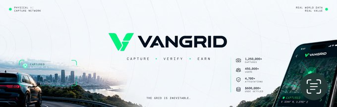 Promotional banner for VANGRID with the tagline 'CAPTURE • VERIFY • EARN' and 'THE GRID IS INEVITABLE,' showing statistics like 1,250,000+ capturers, 450,000+ users, and 4,700+ attestations, with images of a city and a phone displaying the app.