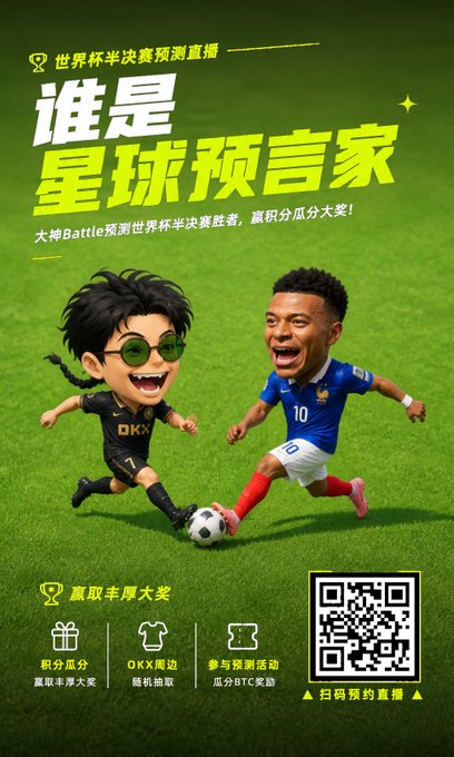 A Chinese promotional poster for a World Cup semifinal prediction contest, featuring a cartoon character and soccer player Mbappé with text '谁是星球预言家' (Who is the planet's prophet) and OKX branding including a QR code.