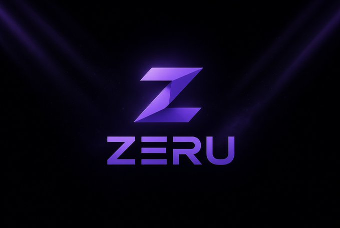 A logo featuring a stylized purple letter 'Z' with the word "ZERU" written below it against a dark background with subtle light beams.