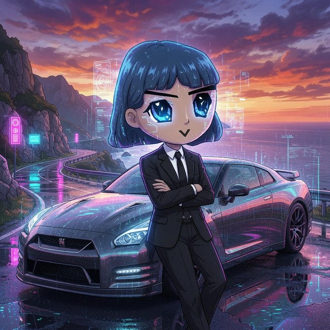 An anime-style illustration of a girl in a black suit standing next to a sports car against a neon sunset background.