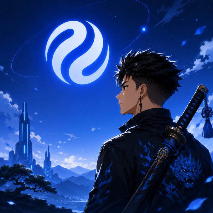 The image features a man with a sword, standing against a blue sky backdrop that includes a large moon. The man has his back turned towards the camera, giving us a view of him from behind as he gazes into the distance. The scene is set in front of a castle or other building, which adds to the overall atmosphere and sense of adventure.