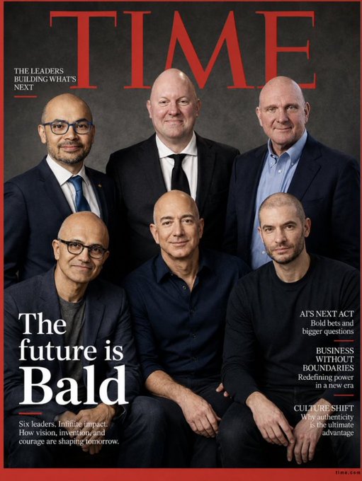A TIME magazine cover titled 'The future is Bald' featuring six bald leaders including Satya Nadella, Jeff Bezos, and Steve Ballmer, with the tagline 'THE LEADERS BUILDING WHAT'S NEXT.'