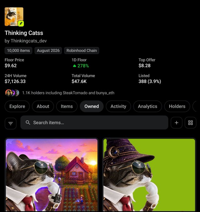 A screenshot of a NFT collection page titled 'Thinking Catss' by Thinkingcats_dev on Robinhood Chain, showing 10,000 items, a floor price of $9.62, and two cat character thumbnails.