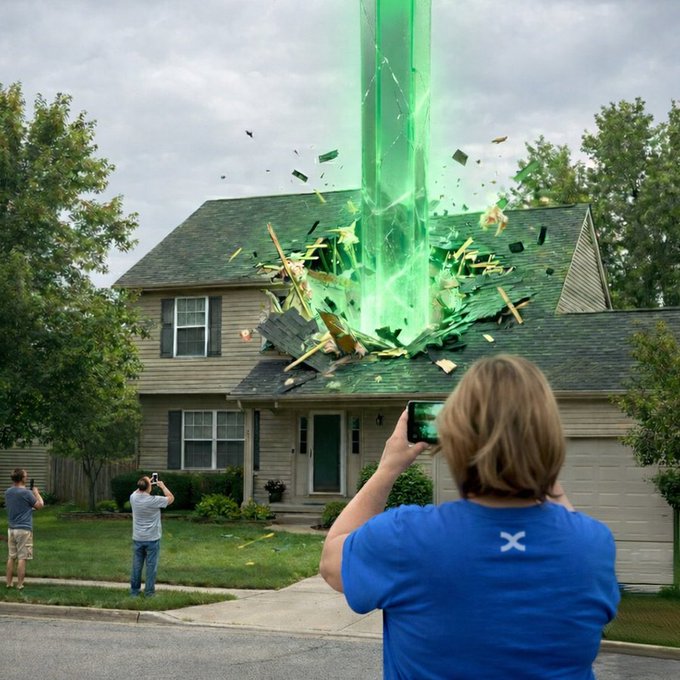 A suburban house is dramatically being torn apart by a giant green beam shooting up through its roof, while bystanders—including a woman in a blue shirt capturing the spectacle on her phone—watch the chaotic scene unfold, with an "X" logo visible on the back of her shirt. The image cleverly visualizes the post's caption about a token "going through the roof," likely referencing the X (formerly Twitter) logo and its associated cryptocurrency, with the green beam symbolizing a massive price surge.
