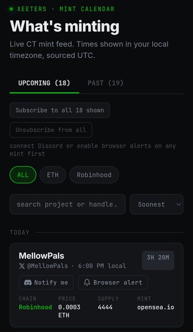 A "XEETERS MINT CALENDAR" app interface showing "What's minting" with upcoming drops, including "MellowPals" by @MellowPals at 6:00 PM local, priced at 0.0003 ETH on Robinhood.