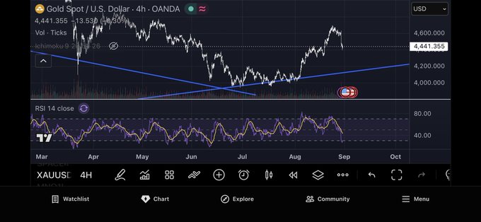 A financial chart for Gold Spot / U.S. Dollar (XAUUSD) on a 4-hour timeframe showing a symmetrical triangle pattern and RSI indicator, with price around 4,441.355.