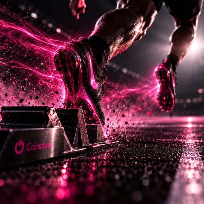 Dynamic athletic advertisement for 'Coinstore' featuring a close-up of a runner's feet in pink and black Nike shoes kicking off starting blocks with vibrant pink energy trails.