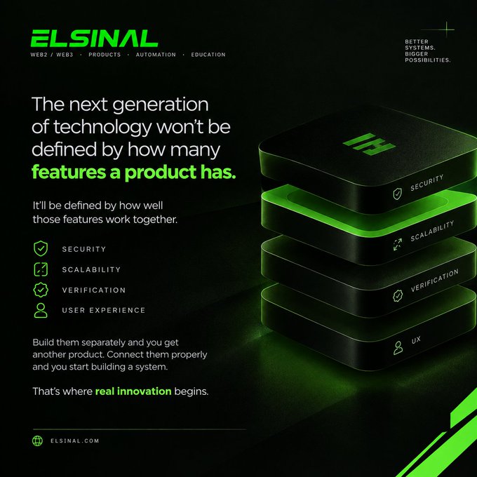 A promotional graphic for 'ELSINAL' with the tagline 'BETTER SYSTEMS. BIGGER POSSIBILITIES.' stating 'The next generation of technology won't be defined by how many features a product has,' alongside a stacked diagram of system layers labeled Security, Scalability, Verification, and UX.