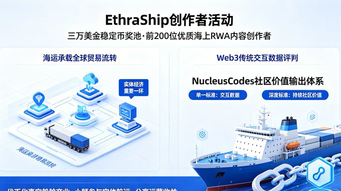 A Chinese promotional graphic for 'EthraShip创作者活动' detailing a $30,000 stablecoin prize pool for top 200 RWA content creators, featuring sections on maritime trade and Web3 evaluation systems.