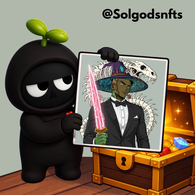 A small black hooded character with a green sprout on its head holds up an illustrated NFT depicting a stylish figure in a wide-brimmed hat wielding a glowing pink sword, standing next to an open treasure chest filled with gems and gold. The text "@SolgodsNFTs" appears at the top, tying into the post's announcement of @SolGodsNFTs being added to the YoukieVerse treasury, celebrating the iconic Solana collection's refreshed art and evolving community.