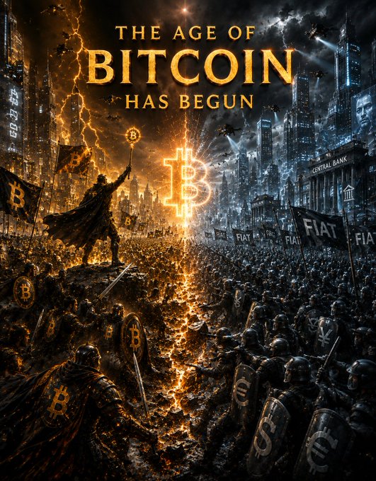 A dramatic digital illustration shows a golden-lit warrior raising a Bitcoin flag atop a battlefield against an opposing army marching under "FIAT" banners, with the glowing "₿" Bitcoin symbol at the center and "CENTRAL BANK" marked on a distant fortress. The bold text "THE AGE OF BITCOIN HAS BEGUN" crowns the scene, visually echoing the post's rallying cry to choose sides between Bitcoin and fiat currency.