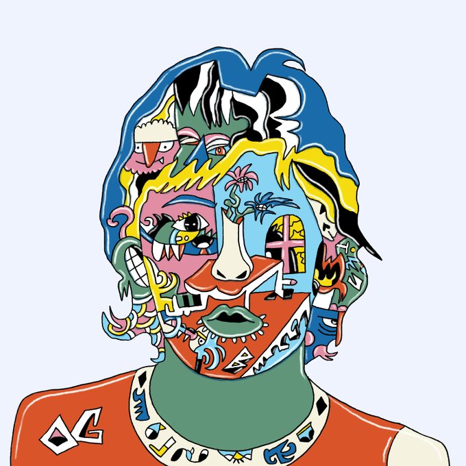A vibrant, surreal abstract illustration of a figure with a chaotic collage-style face filled with multiple eyes, colorful patterns, and distorted features.