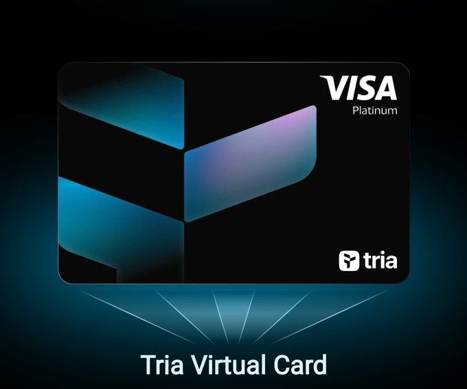 A Tria Virtual Visa Platinum card is displayed against a dark teal background, but it appears unrelated to the accompanying post about Sleepagotchi—a Web3 health-tracking app on Solana that uses AI agents to turn wearable data into actionable health decisions.