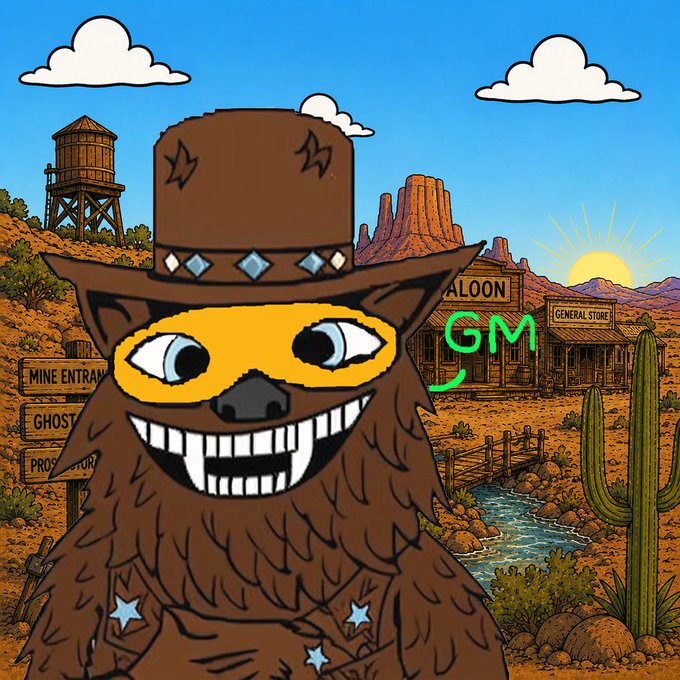 A cartoon coyote mascot wearing a cowboy hat in a Wild West desert town scene with 'GM' text displayed.