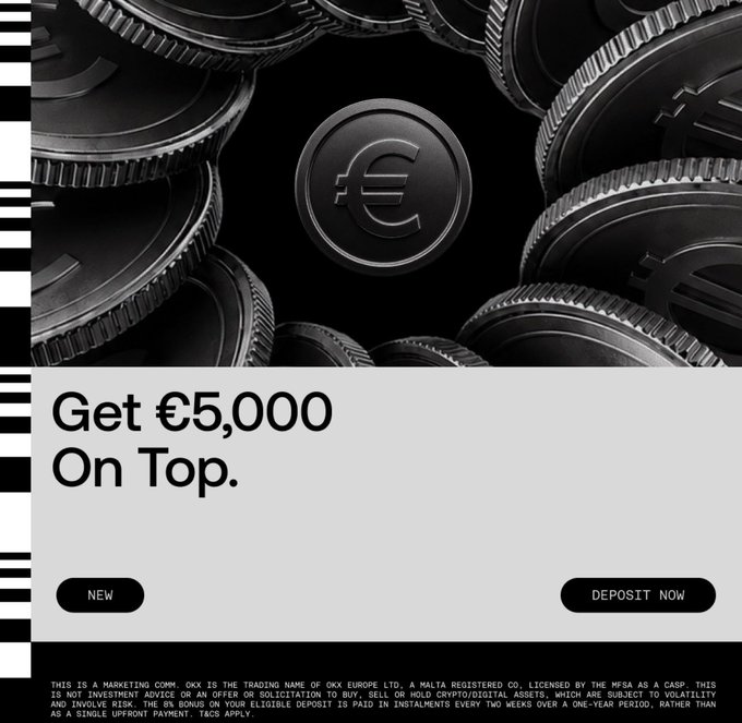 The image shows a promotional advertisement for OKX featuring a stack of black coins with a euro (€) symbol, alongside bold text reading "Get €5,000 On Top" with "NEW" and "DEPOSIT NOW" buttons. This aligns with the post's commentary by directly parodying OKX's straightforward "deposit and get paid" offer as a refreshingly simple alternative to the endless task-based promotions competitors push on users.