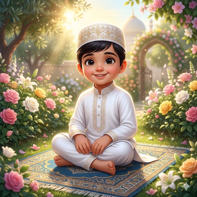 A young boy in traditional white attire with a decorative cap sits cross-legged on an ornate prayer rug in a blooming garden, with a domed building visible in the background. The serene, grounded imagery reflects the post's message about building strong foundations in Web3 infrastructure with $RIVER and @RiverdotInc, contrasting the calm focus of true builders with the fleeting noise of hype.