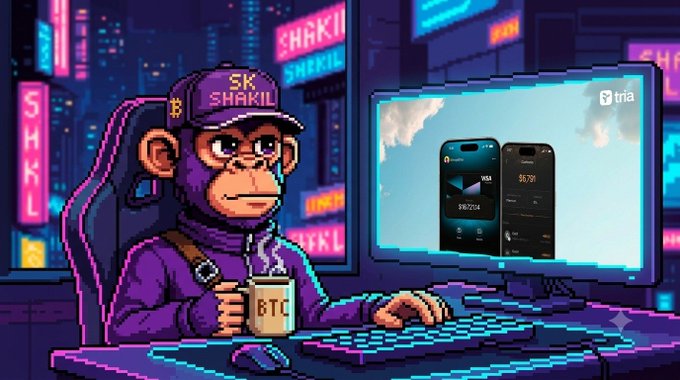 Pixel art illustration of a monkey character wearing a 'SK SHAKIL' cap and holding a BTC mug while sitting at a computer displaying phones in a neon city setting.