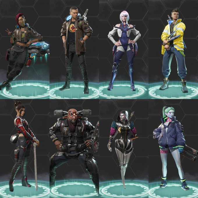 A lineup of eight Apex Legends character skins showcased against a hexagonal background, featuring collaborations with Cyberpunk: Edgerunners characters including David, Lucy, Male V, Female V, Rebecca, Royce, Lizzie Wizzie, and Panam, each displayed on glowing teal platforms.