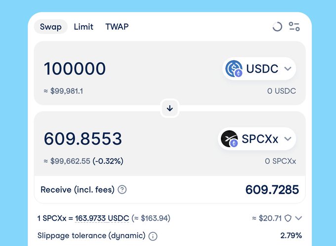 ICO tokens are being listed for sale on a website, with two options available - USDC and SPCCX. The website also displays information about fees associated with these ICOs.