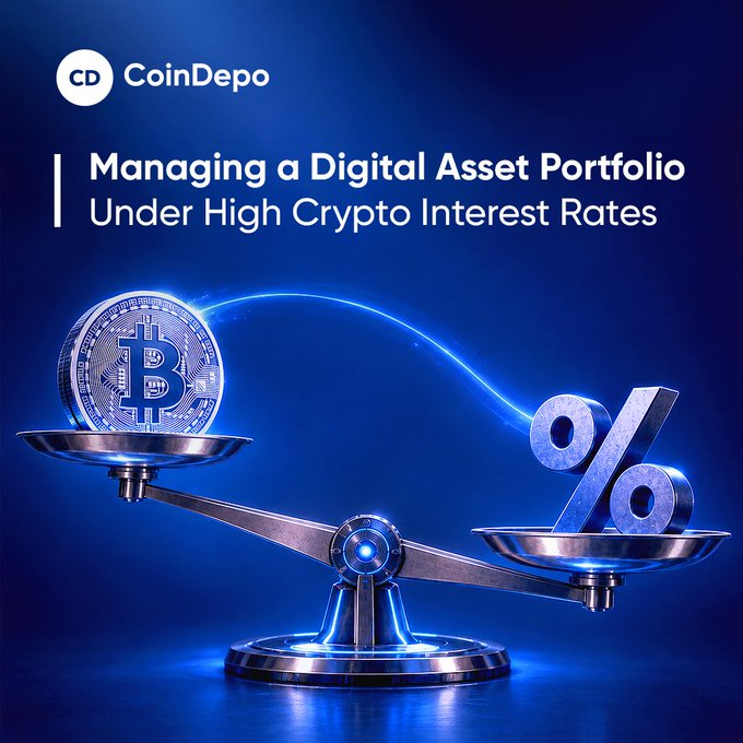 A CoinDepo promotional graphic titled 'Managing a Digital Asset Portfolio Under High Crypto Interest Rates,' featuring a balance scale with a Bitcoin on one side and a percentage symbol on the other.