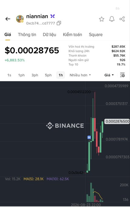 A Binance chart shows the $Niannian (0xcB74…cd7777) token priced at $0.00028765, up 6,883.53%, with a $624.92K 24-hour trading volume and relatively low $287.65K market cap, supporting the post's note that the newly shilled cat-themed meme coin has not yet generated significant FOMO.